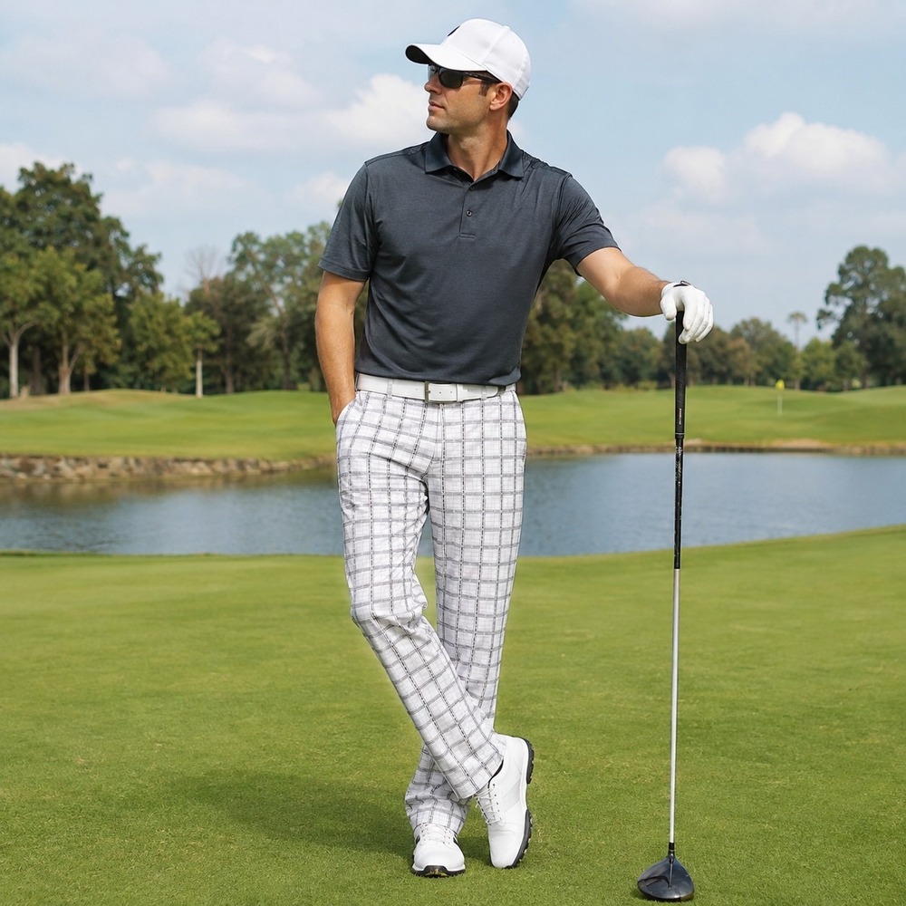 Golf Pants Mens 40 White Gray Golf Chino Standard Plaid Mens Bowling
